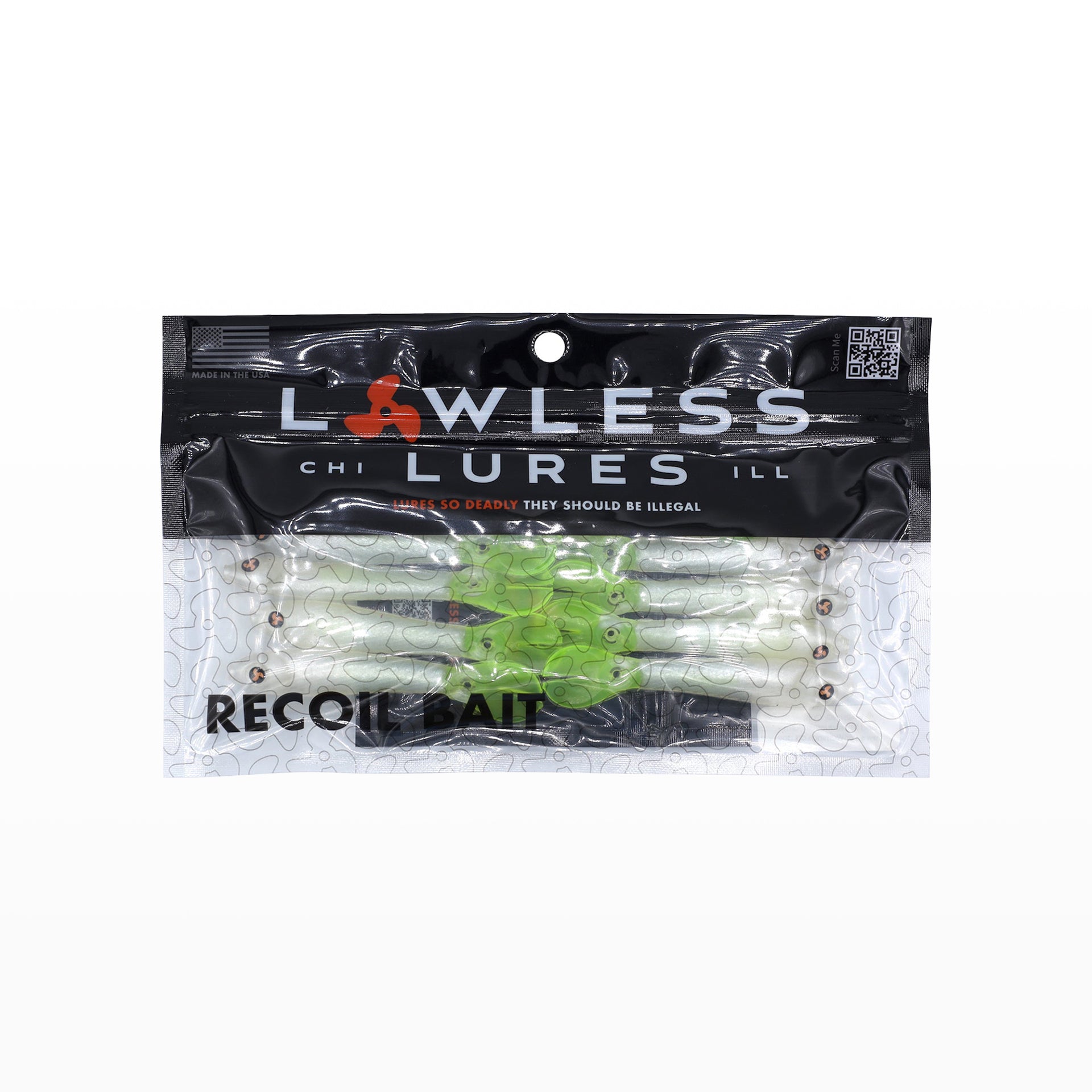Pearl White w/ Chartreuse Tail - 3.25 Lawless Lures 9 Pc Recoil
